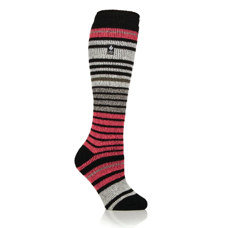 Ladies Original Long Ski & Snow Sports Fine Stripe Socks - Black & Coral Pink