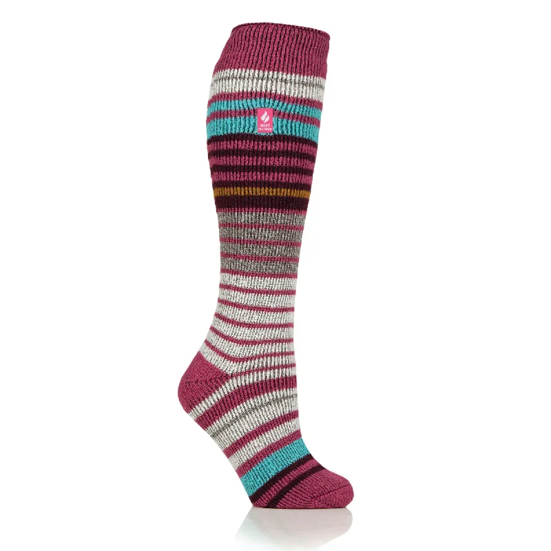 Ladies Original Long Ski & Snow Sports Fine Stripe Socks - Raspberry & Cabernet